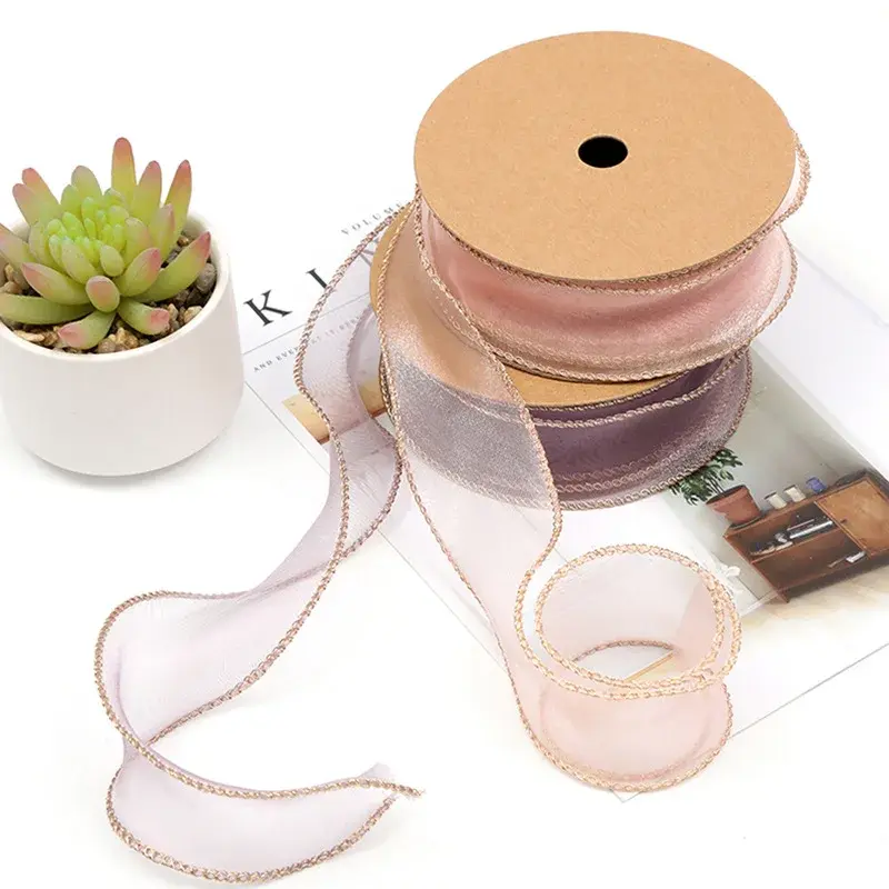 10yards/Roll Gold Edge Organza Ribbons DIY Handmade Crafts Fabric Christmas Halloween Wedding Party Gift Box Flower Decoration