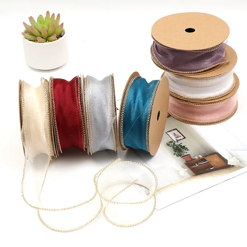10yards/Roll Gold Edge Organza Ribbons DIY Handmade Crafts Fabric Christmas Halloween Wedding Party Gift Box Flower Decoration