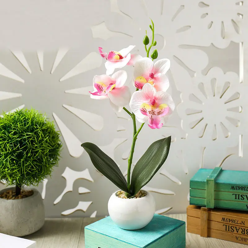 4Heads Artificial Butterfly Orchid Flower Potted Bonsai for Home Garden Decoration Office Bedroom Ornament Fake Plants Flowers