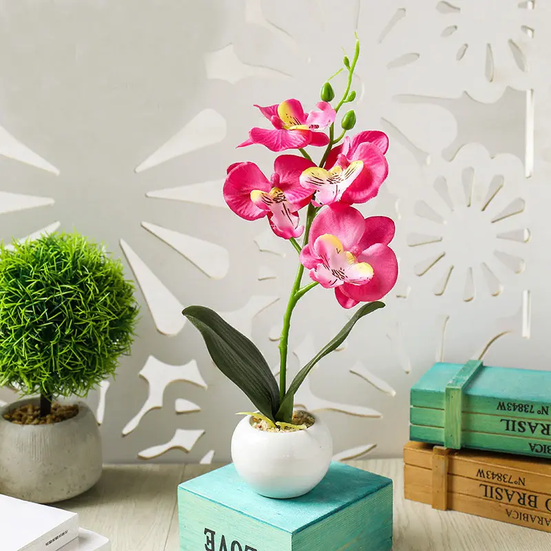 4Heads Artificial Butterfly Orchid Flower Potted Bonsai for Home Garden Decoration Office Bedroom Ornament Fake Plants Flowers