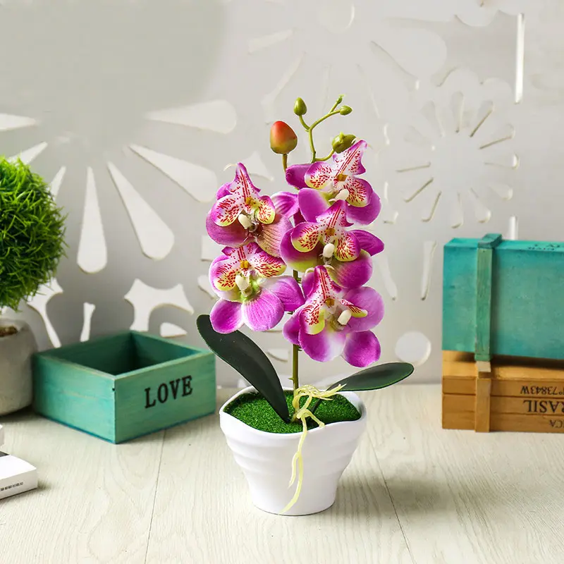 5Heads Artificial Butterfly Orchid Flower Potted Bonsai for Home Garden Decoration Office Bedroom Ornament Fake Plants Flowers