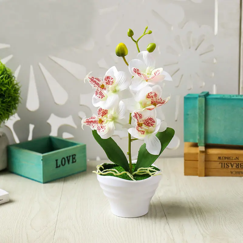 5Heads Artificial Butterfly Orchid Flower Potted Bonsai for Home Garden Decoration Office Bedroom Ornament Fake Plants Flowers