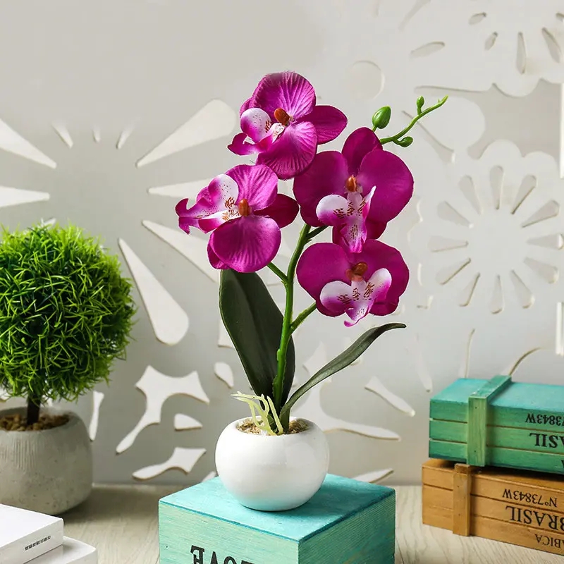 4Heads Artificial Butterfly Orchid Flower Potted Bonsai for Home Garden Decoration Office Bedroom Ornament Fake Plants Flowers
