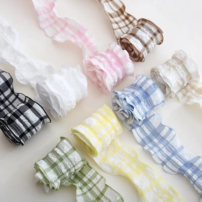 10yards/Roll 25/40mm Pleated Plaid Lace Ribbon DIY Handmade Crafts Material Flower Packaging Materials Clothes Lace Accessories