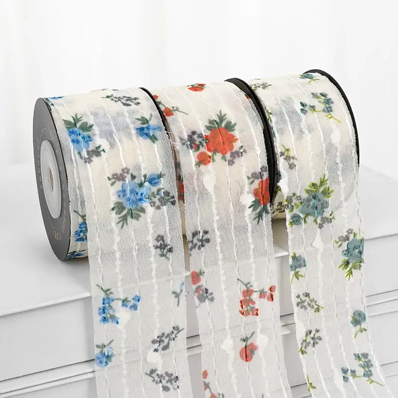 4cm 10Yards Embroidery Stripe Flower Chiffon Ribbons DIY Make Bowknots Hair Accessories Material Handmade Gift Packaging