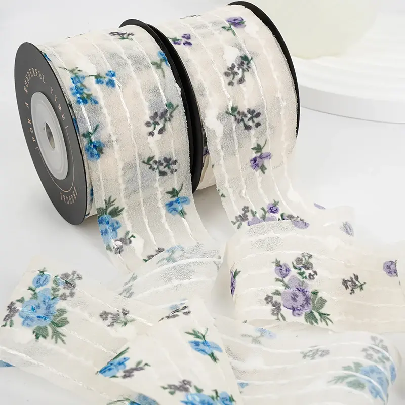 4cm 10Yards Embroidery Stripe Flower Chiffon Ribbons DIY Make Bowknots Hair Accessories Material Handmade Gift Packaging