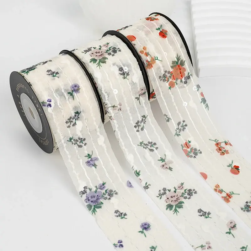 4cm 10Yards Embroidery Stripe Flower Chiffon Ribbons DIY Make Bowknots Hair Accessories Material Handmade Gift Packaging
