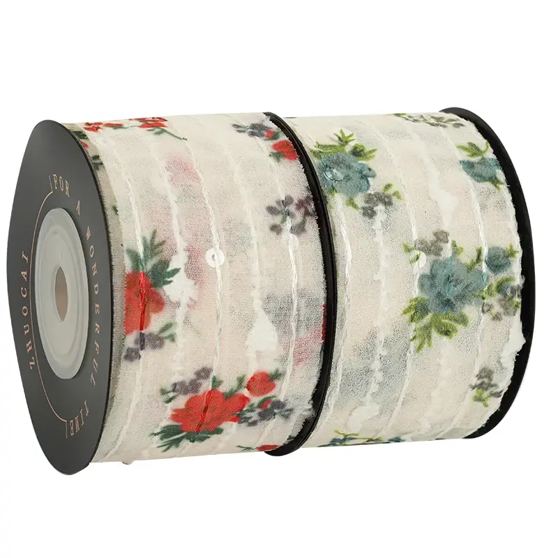 4cm 10Yards Embroidery Stripe Flower Chiffon Ribbons DIY Make Bowknots Hair Accessories Material Handmade Gift Packaging