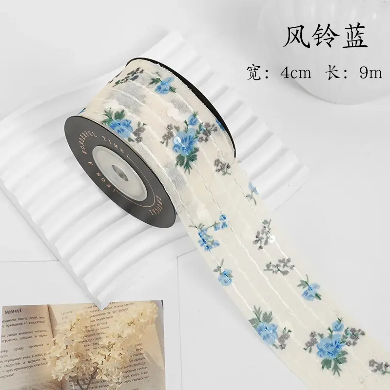 4cm 10Yards Embroidery Stripe Flower Chiffon Ribbons DIY Make Bowknots Hair Accessories Material Handmade Gift Packaging