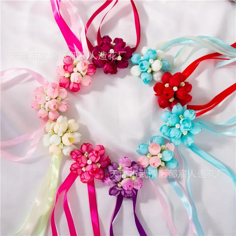 One Piece Satin Ribbon Artificial Flowers Rose Wrist Corsage Bridesmaid Flowers For Wedding Party Decoration