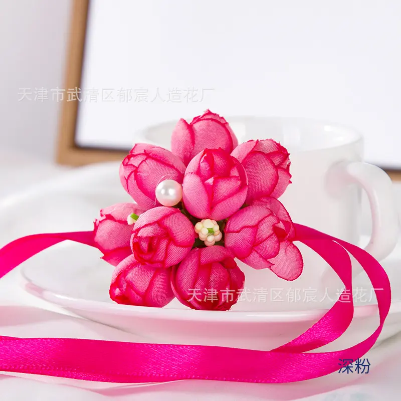 One Piece Satin Ribbon Artificial Flowers Rose Wrist Corsage Bridesmaid Flowers For Wedding Party Decoration