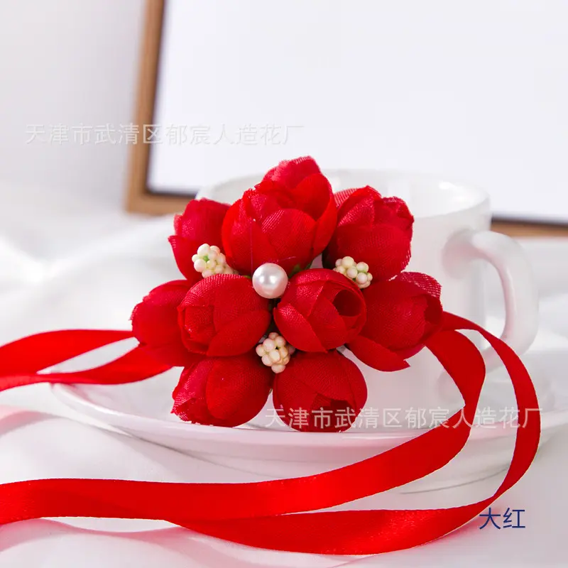 One Piece Satin Ribbon Artificial Flowers Rose Wrist Corsage Bridesmaid Flowers For Wedding Party Decoration