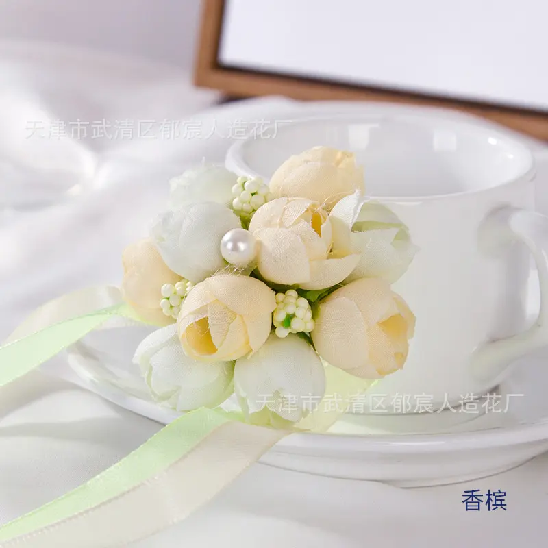One Piece Satin Ribbon Artificial Flowers Rose Wrist Corsage Bridesmaid Flowers For Wedding Party Decoration