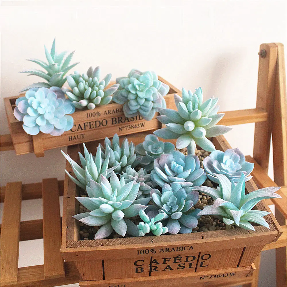 Blue Flocking Artificial Succulents Plants Flower Arrangement Accessories Desktop Bonsai Home Garden Decoration Fake Plants