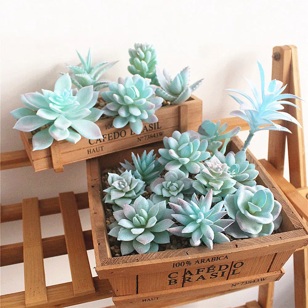 Blue Flocking Artificial Succulents Plants Flower Arrangement Accessories Desktop Bonsai Home Garden Decoration Fake Plants