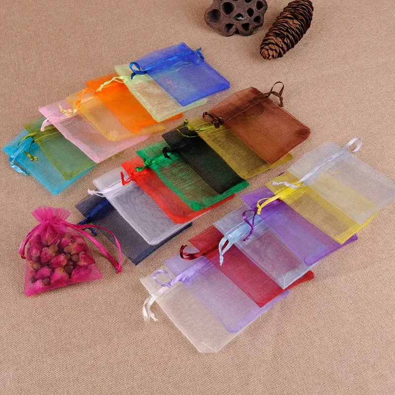 50pcs 7x9cm 9x12cm 10x15cm 15x20cm Organza Gift Bags Christmas Halloween Wedding Party Gift Box Candy Chocolate Packaging Bags