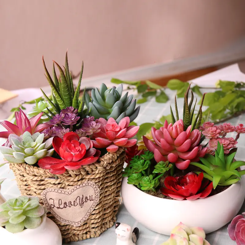 Artificial Green Purple Red Flocking Succulent Plants DIY Home Garden Office Wedding Decoration Mini Bonsai Plante Artificielle