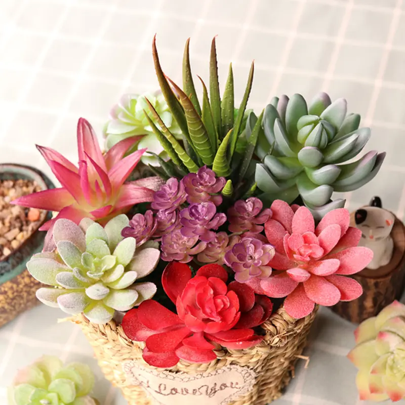 Artificial Green Purple Red Flocking Succulent Plants DIY Home Garden Office Wedding Decoration Mini Bonsai Plante Artificielle
