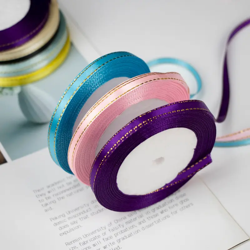 25 Yards 22 Meters 6mm Gold Edge Satin Ribbons Christmas Party Wedding Car Decoration Gift Wrapping Packaging Silk fitas ruban