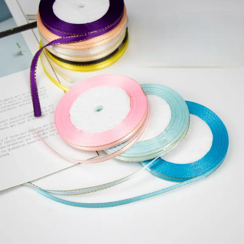 25 Yards 22 Meters 6mm Gold Edge Satin Ribbons Christmas Party Wedding Car Decoration Gift Wrapping Packaging Silk fitas ruban