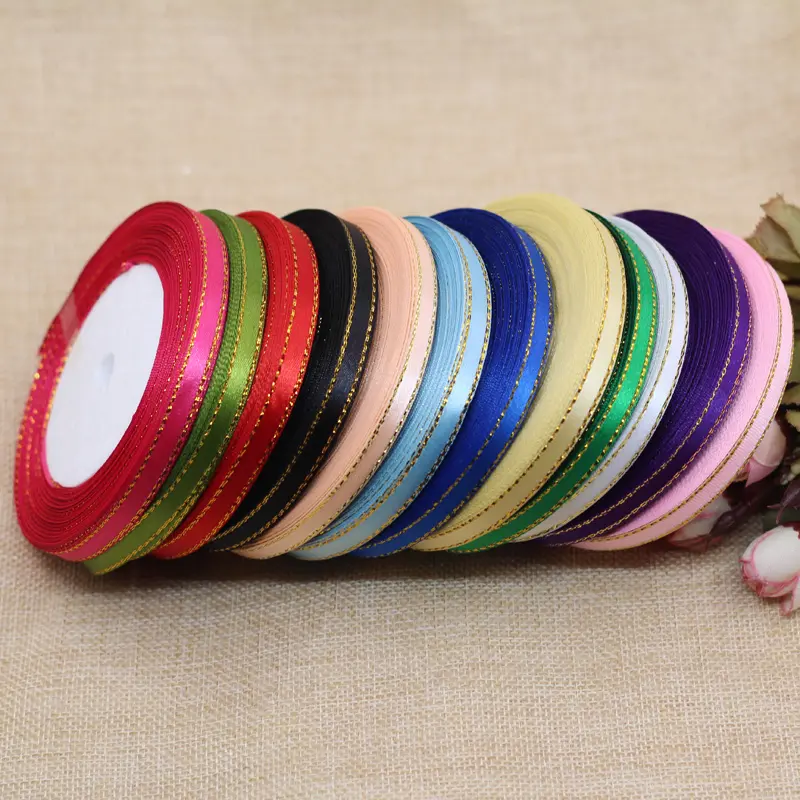 25 Yards 22 Meters 6mm Gold Edge Satin Ribbons Christmas Party Wedding Car Decoration Gift Wrapping Packaging Silk fitas ruban