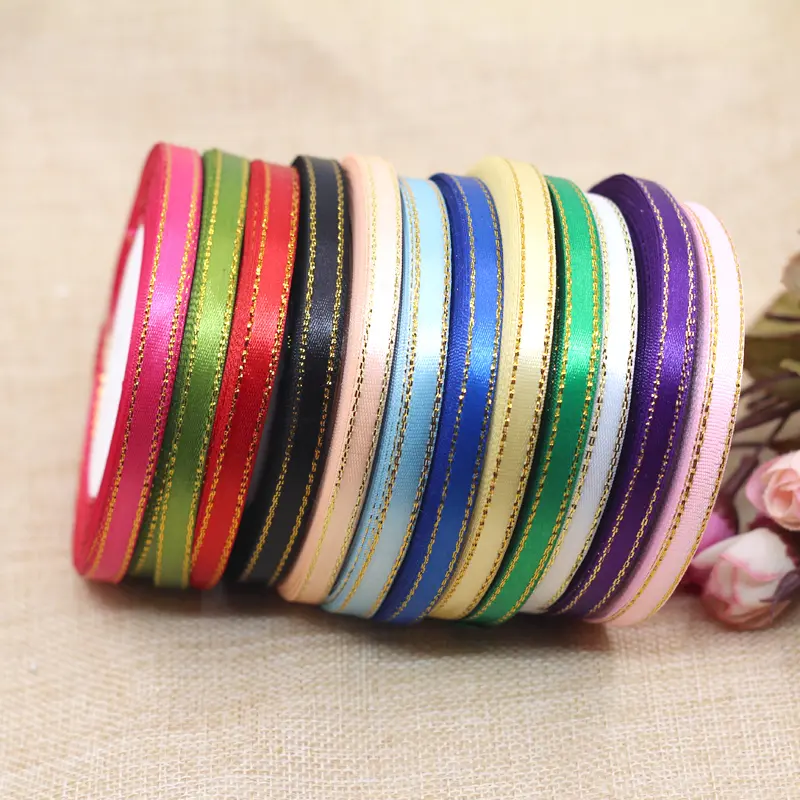 25 Yards 22 Meters 6mm Gold Edge Satin Ribbons Christmas Party Wedding Car Decoration Gift Wrapping Packaging Silk fitas ruban