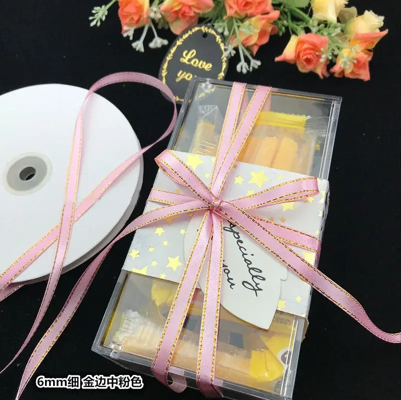6mm Gold Edge Satin Ribbon DIY Handmade Crafts Fabric Christmas Halloween Wedding Birthday Party Gift Wrapping Ribbon