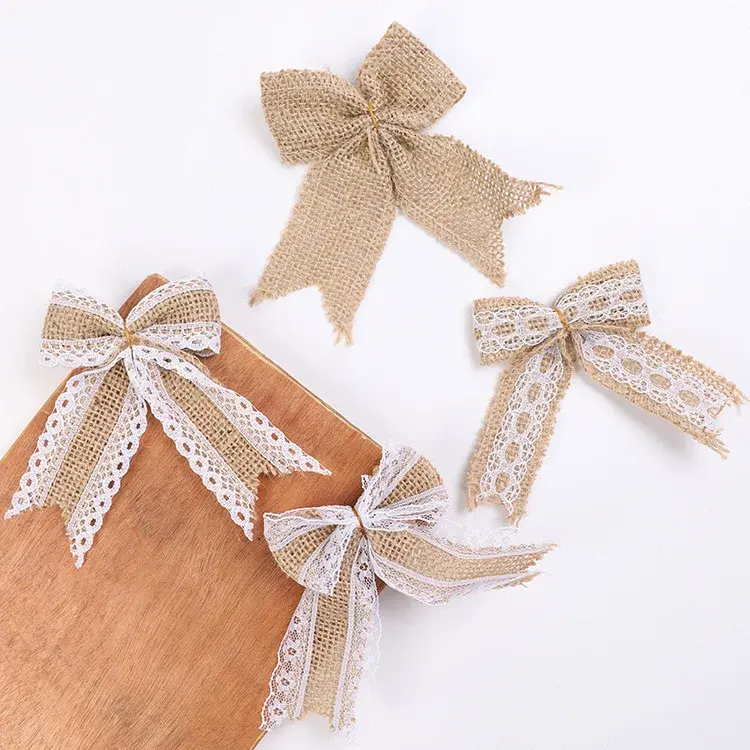 6pcs/pack Jute Burlap Lace Pearl Bow Christmas Tree Decoration Halloween New Year Ornaments Bowknot DIY Crafts Supplies