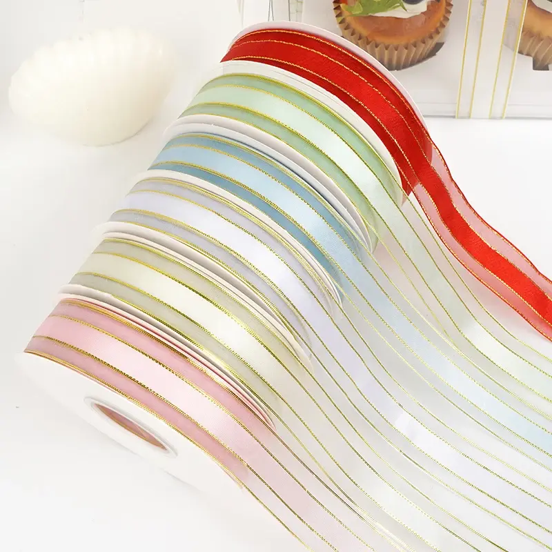 25mm 45Meters/Roll Gold Edge Organza Ribbon Cake Gift Decoration Christmas Silk Ribbons Packaging Materials
