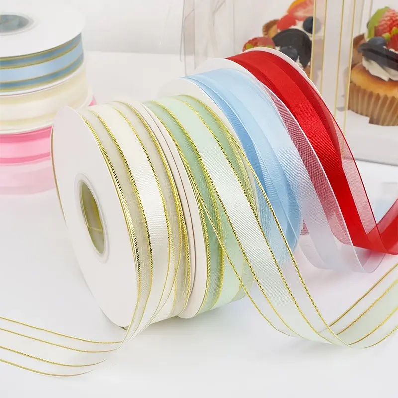 25mm 45Meters/Roll Gold Edge Organza Ribbon Cake Gift Decoration Christmas Silk Ribbons Packaging Materials