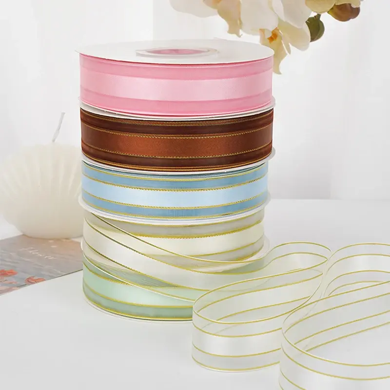 25mm 45Meters/Roll Gold Edge Organza Ribbon Cake Gift Decoration Christmas Silk Ribbons Packaging Materials