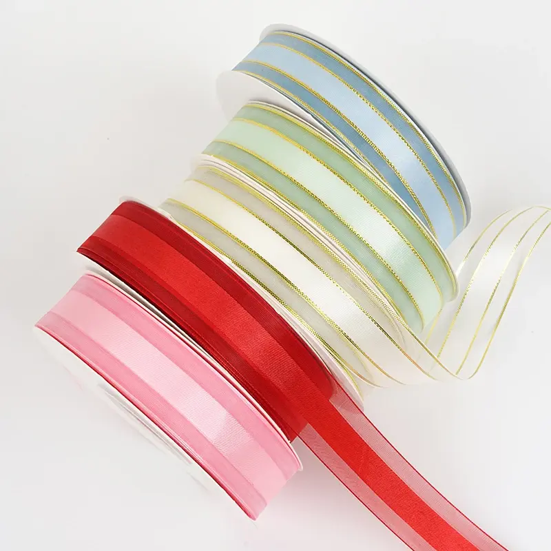 25mm 45Meters/Roll Gold Edge Organza Ribbon Cake Gift Decoration Christmas Silk Ribbons Packaging Materials
