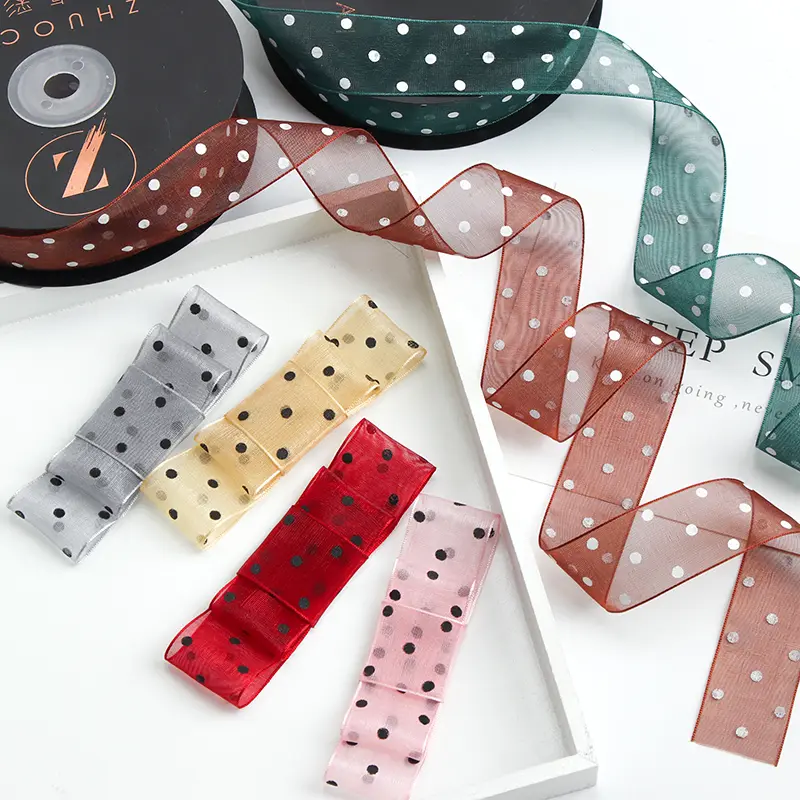 25mm 45Meter Transparent Organza Round Dot Ribbon Packaging Wedding Event Party Christmas Handmade Bow Hair Accessory