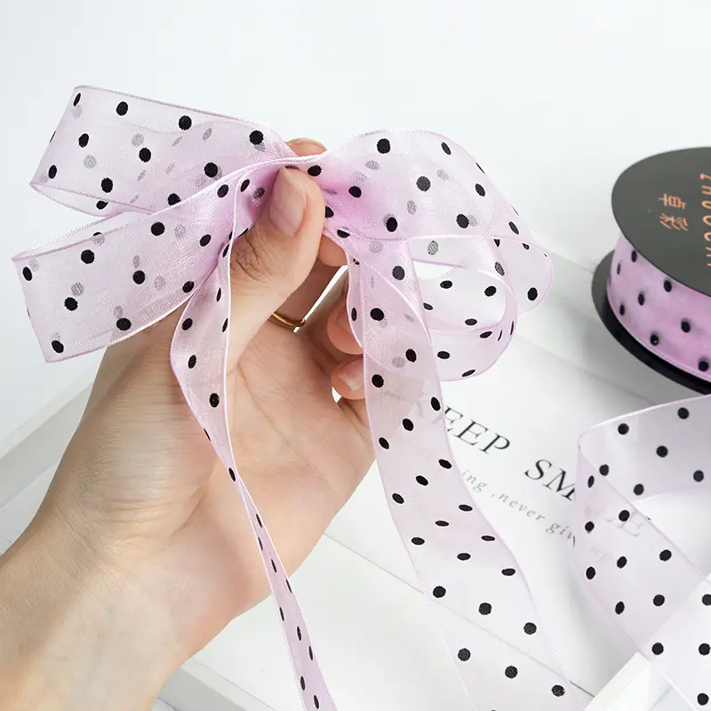25mm 45Meter Transparent Organza Round Dot Ribbon Packaging Wedding Event Party Christmas Handmade Bow Hair Accessory