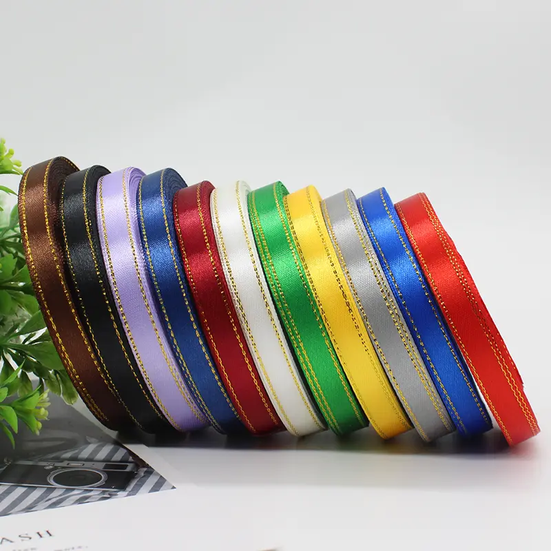 3/8" 10mm 25yards Gold Edges Satin Ribbon Wedding Happy Birthday Gift Box Packaging Decorations DIY Craft Bow