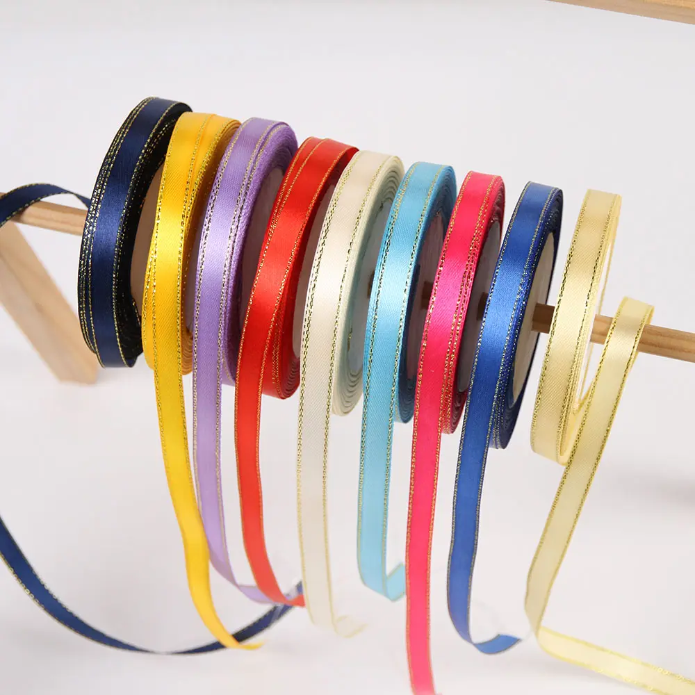 3/8" 10mm 25yards Gold Edges Satin Ribbon Wedding Happy Birthday Gift Box Packaging Decorations DIY Craft Bow