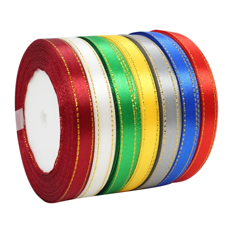 3/8" 10mm 25yards Gold Edges Satin Ribbon Wedding Happy Birthday Gift Box Packaging Decorations DIY Craft Bow