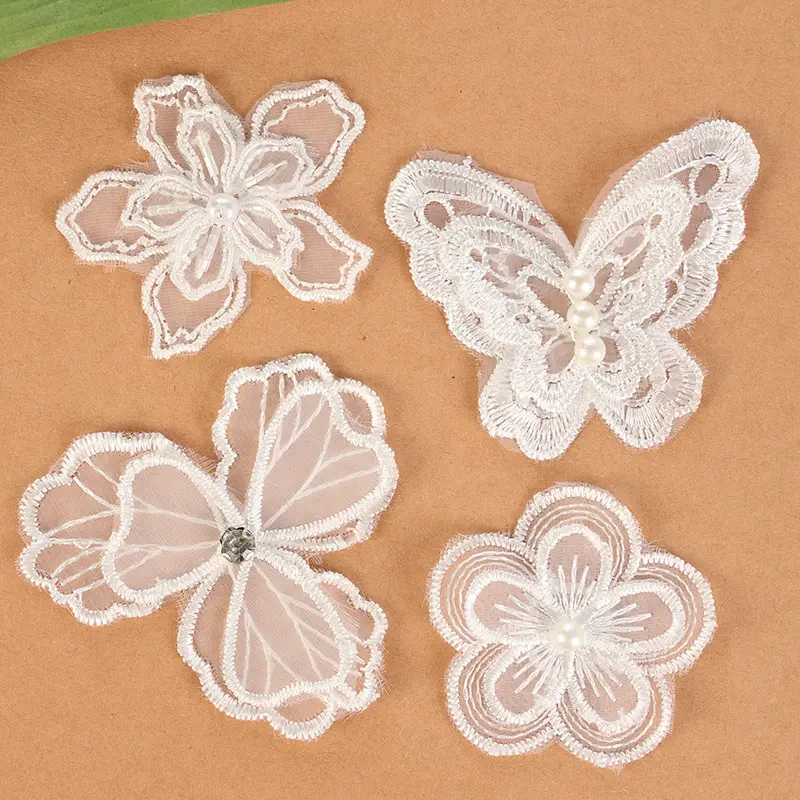 20pcs Flower Butterfly Embroidered White Lace Applique Mesh Trim For Sew On Guipure Fabric Wedding Supplies Decoration Patches