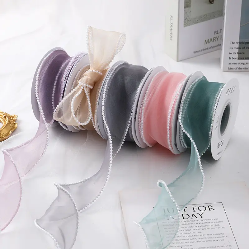 5yards/Roll 40mm Fishtail Organza Ribbon with Faux Pearl for Christmas Gift Packaging Wedding Birthday Party Flower Decoration