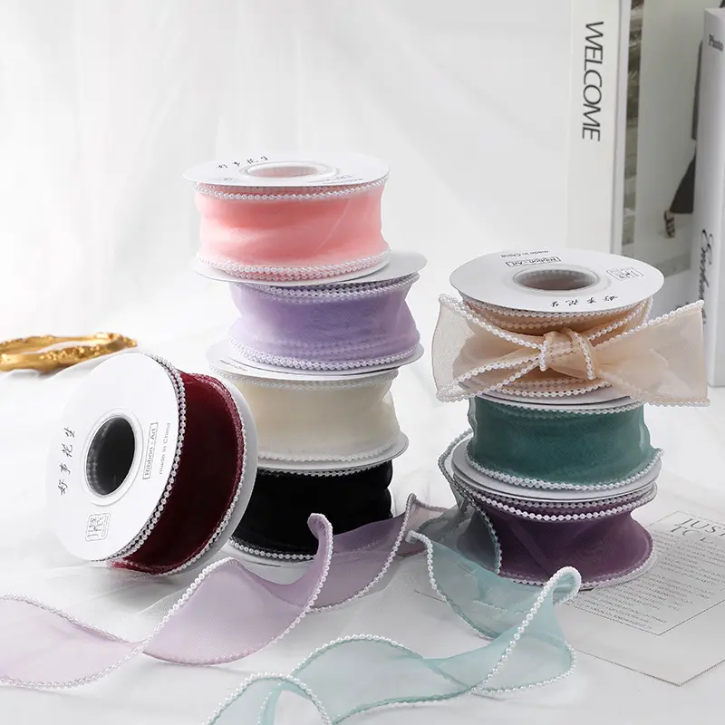 5yards/Roll 40mm Fishtail Organza Ribbon with Faux Pearl for Christmas Gift Packaging Wedding Birthday Party Flower Decoration