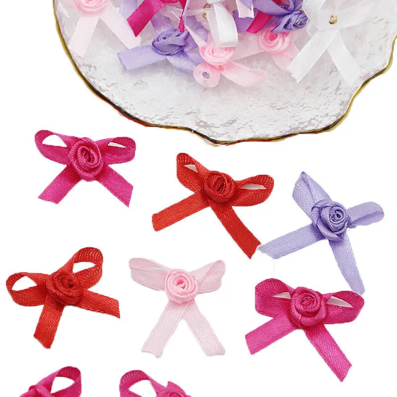 (50Pcs/bag) 3.5*4Cm Ribbon Rose Bow Single Face for Christmas Gift Wrap DIY Handmade Hair Accessories for Children