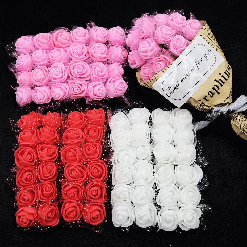 (144Pcs/pack)Mini 2cm Artificial Roses Handmade Fake Rose Flower Heads Graduation Christmas Halloween Decorations Gauze DIY