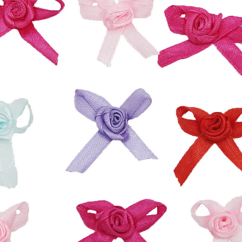 (50Pcs/bag) 3.5*4Cm Ribbon Rose Bow Single Face for Christmas Gift Wrap DIY Handmade Hair Accessories for Children