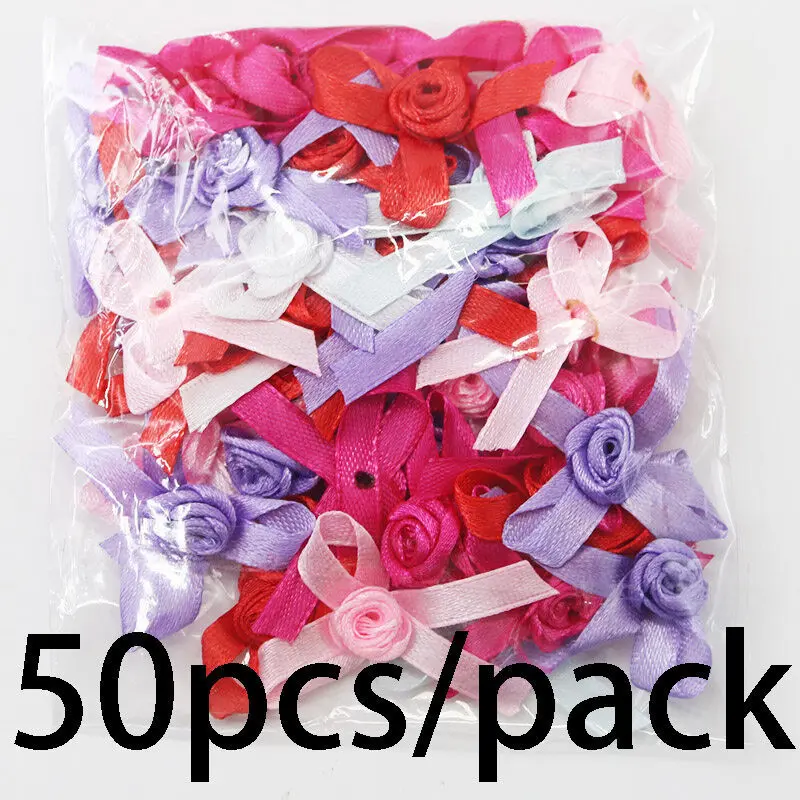(50Pcs/bag) 3.5*4Cm Ribbon Rose Bow Single Face for Christmas Gift Wrap DIY Handmade Hair Accessories for Children