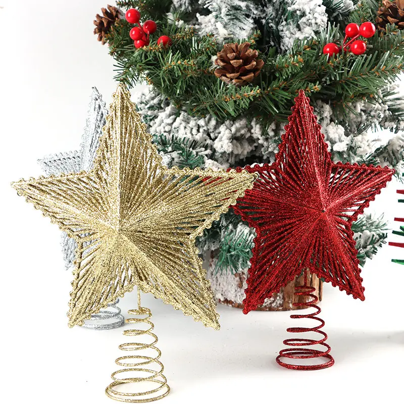 (1 Pcs/bag)27.7*19.6cm Christmas Decoration Sequins Stars Xmas Tree Top Decorations Hollow Out New Year Party Supplies Creative