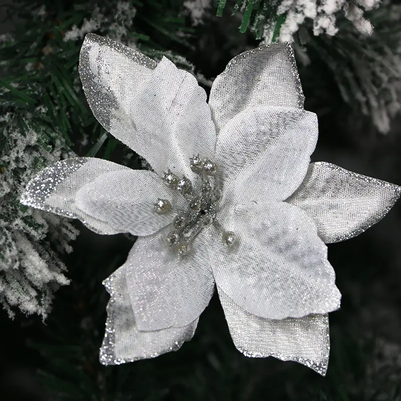 (10pcs/pack)13cm Christmas Decoration Gold Powder Edge Simulated Flower Fabric Material Flowers Wreath Holiday Decorations Photo