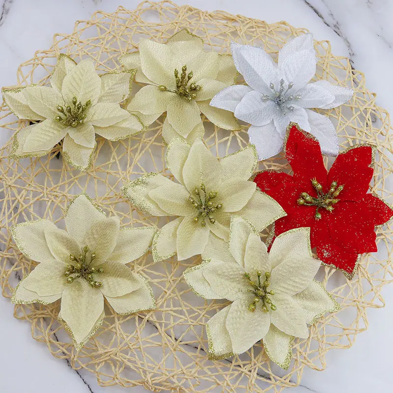 (10pcs/pack)13cm Christmas Decoration Gold Powder Edge Simulated Flower Fabric Material Flowers Wreath Holiday Decorations Photo
