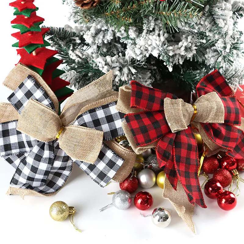(1 Pcs/pack) 23.8*22.9cm Large Christmas Plaid Bow Gift Wrapper Christmas Linen Bow Decoration Home Handmade Photography Props