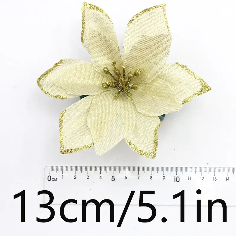 (10pcs/pack)13cm Christmas Decoration Gold Powder Edge Simulated Flower Fabric Material Flowers Wreath Holiday Decorations Photo