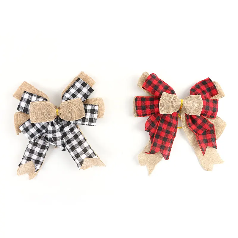 (1 Pcs/pack) 23.8*22.9cm Large Christmas Plaid Bow Gift Wrapper Christmas Linen Bow Decoration Home Handmade Photography Props